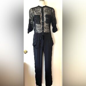 BCBGMaxAzria Black Lace Jumpsuit Satin Cargo Pants Size 6 EUC
